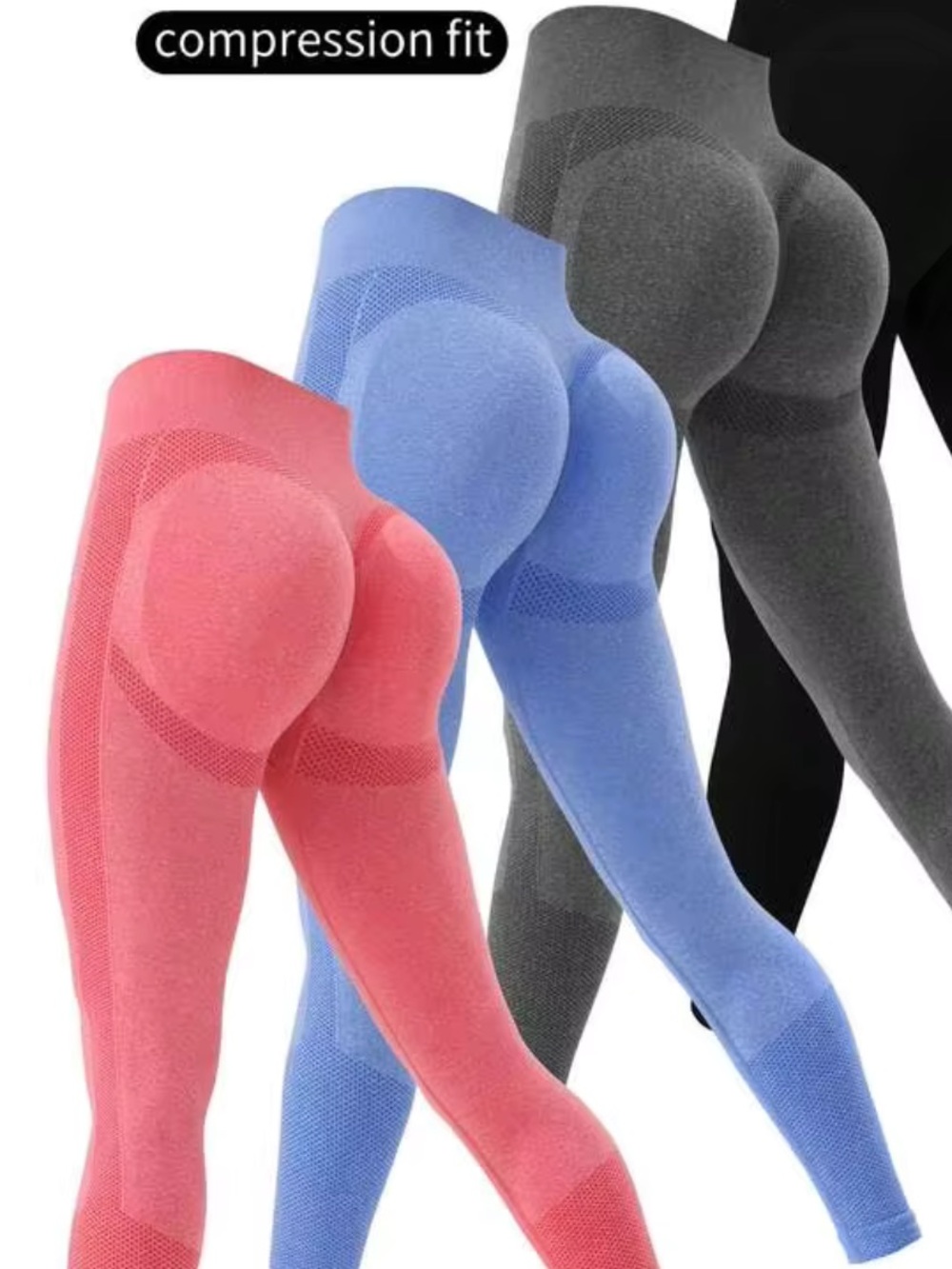 Seamless High-Rise Compression Leggings  — Gray, Blue, Pink